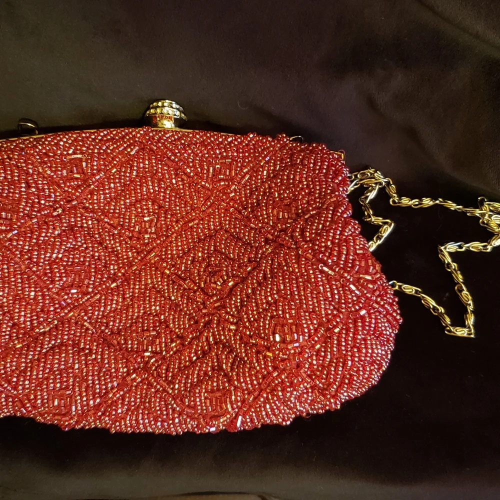 Red Beaded Clutch with Silvertone Chain Strap